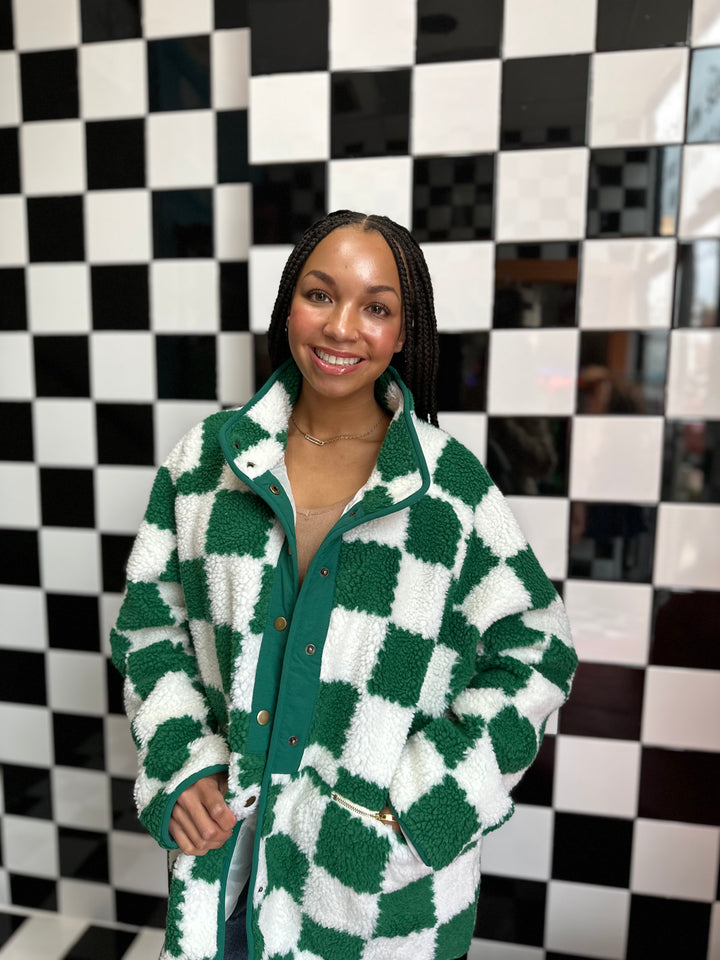 Checked Snap Button Sherpa Jacket