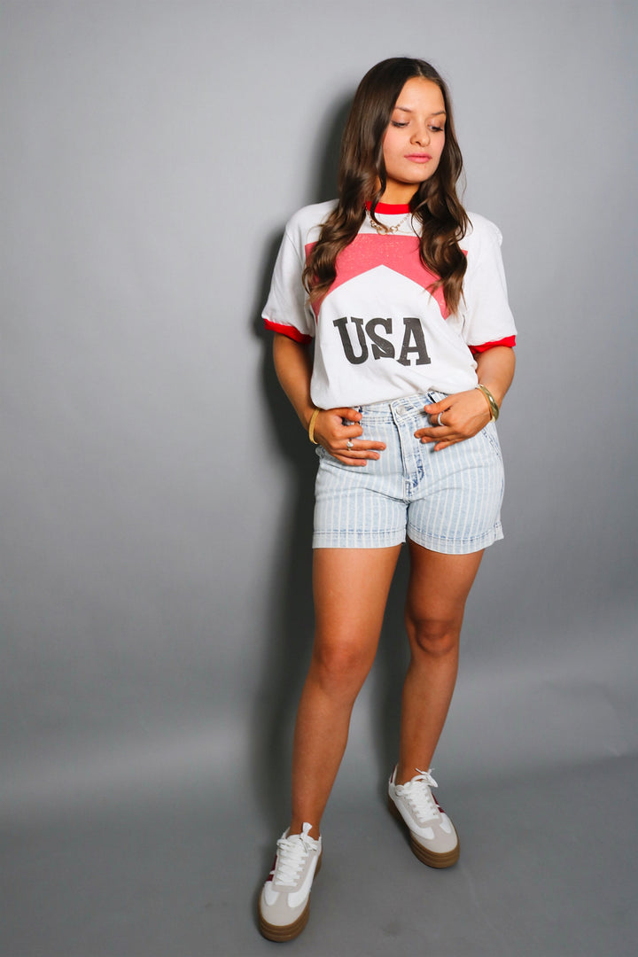 Kancan High Rise Stripe Denim Shorts