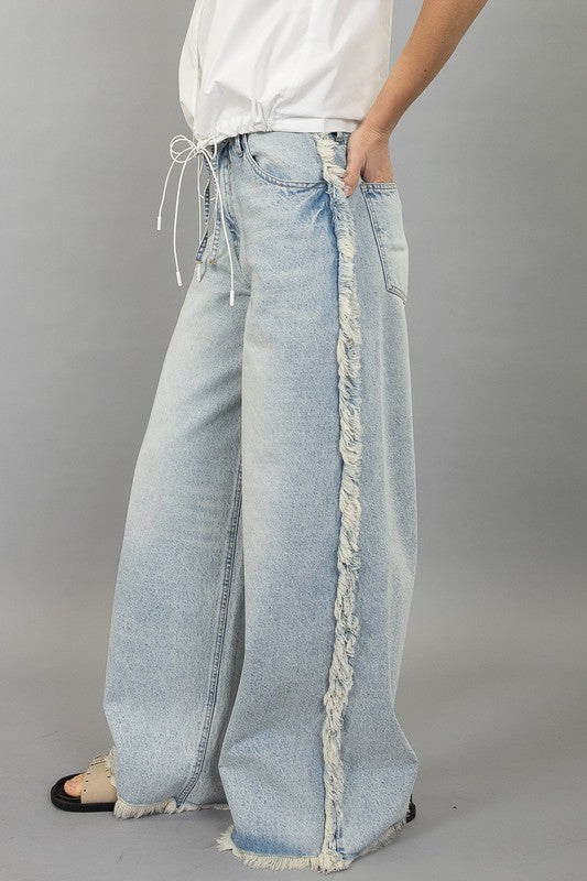 Frayed Waist & Seam Detail Washed Denim Pants