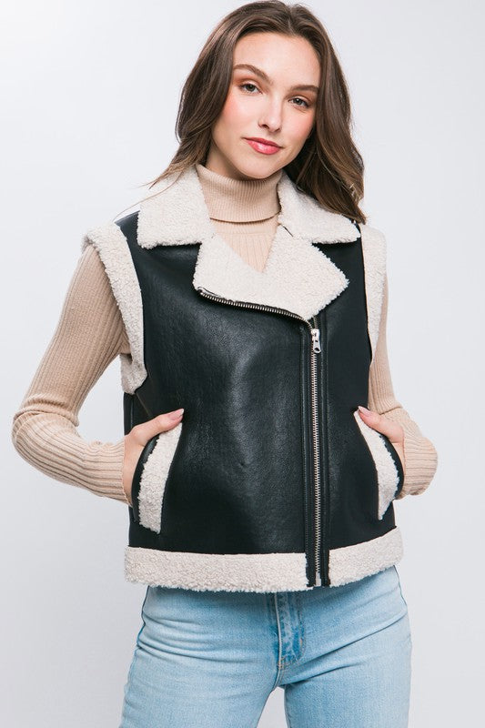 PU Faux Leather Sherpa Trim Vest