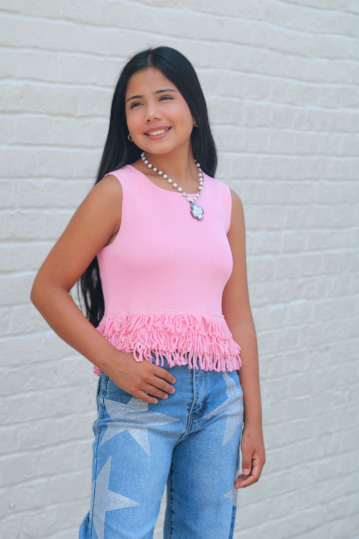 Cotton Candy Fringe Knit Crop Top