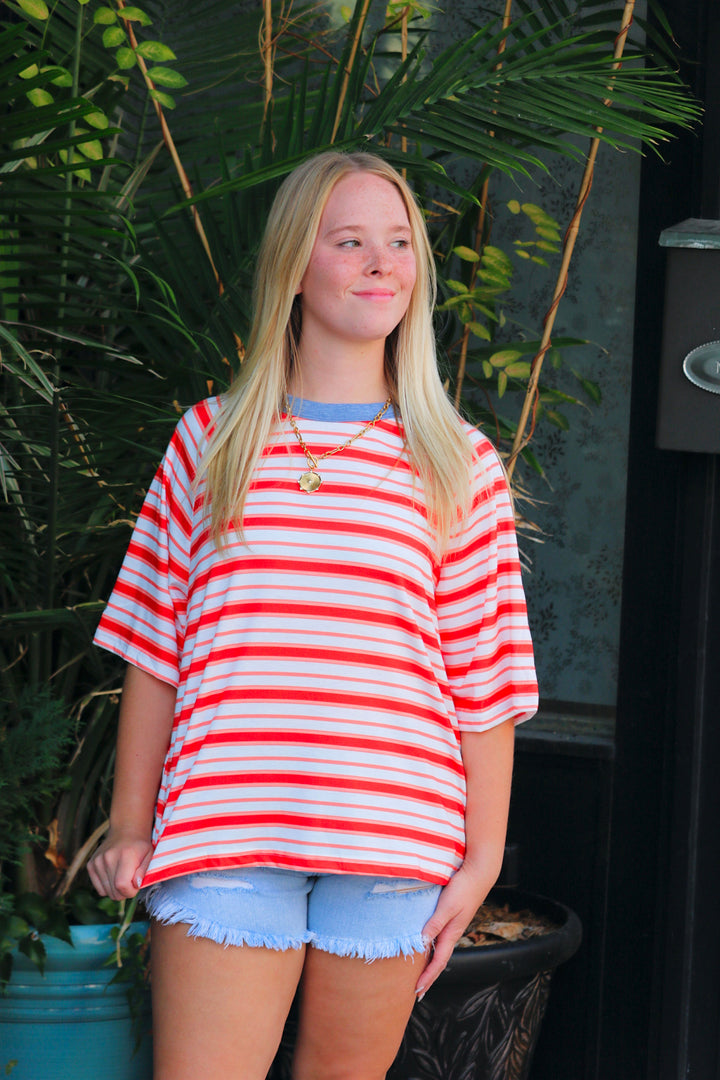 Tomato Red Stripe Print Contrast Collar Raglan Sleeve T Shirt