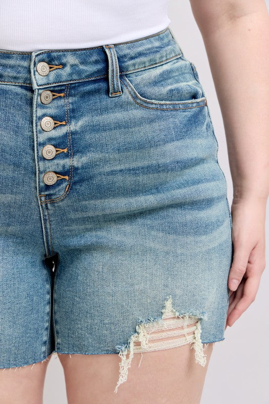 Plus Judy Blue Vintage Wash Button Fly & Destroy Shorts