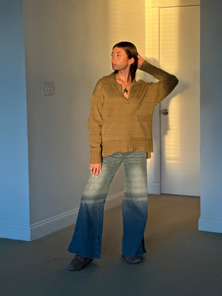 Flap Collar Sweater Pullover Top with Patch Pocket