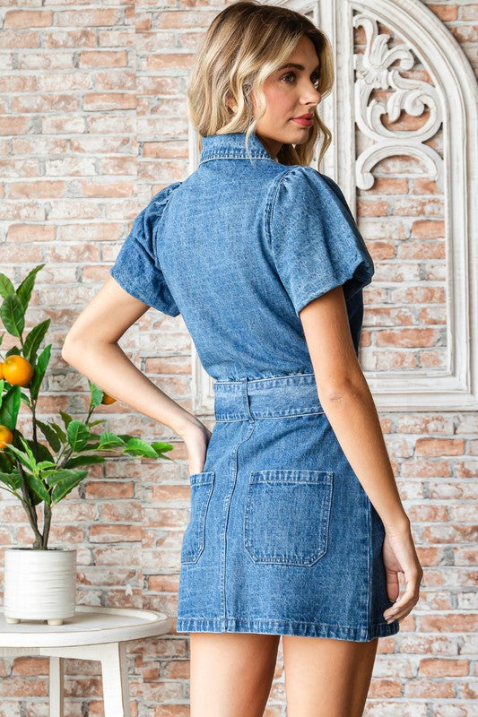 Puff Sleeve Denim Belted Mini Dress