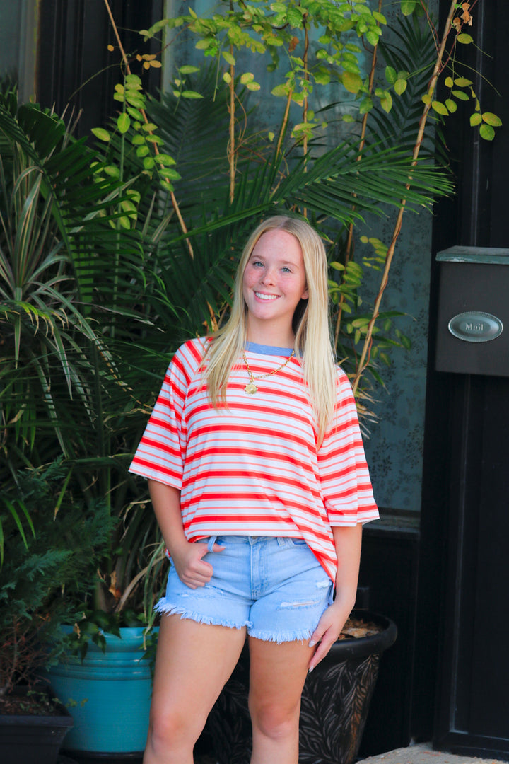 Tomato Red Stripe Print Contrast Collar Raglan Sleeve T Shirt