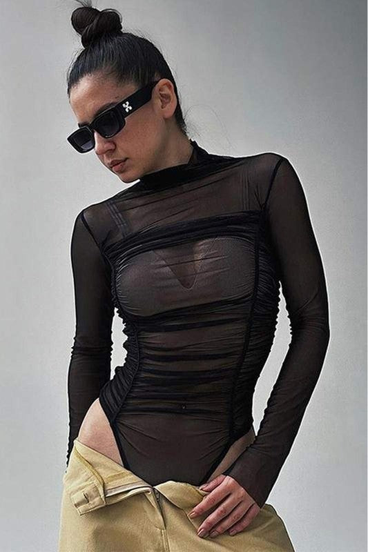 Ruched Mesh Bodysuit Top