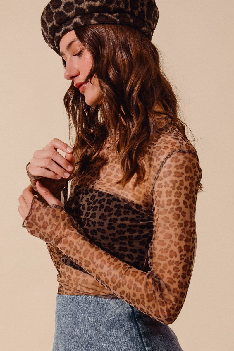 Leopard Mesh Mock Neck Top with Thumb Openings