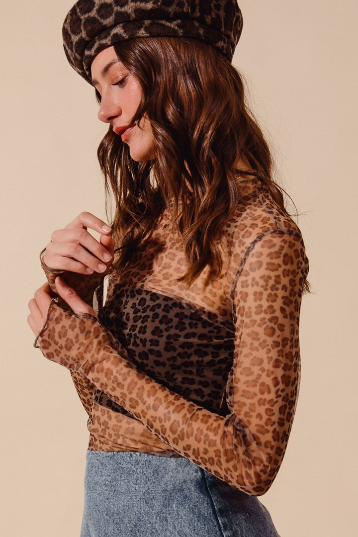 Leopard Mesh Mock Neck Top with Thumb Openings