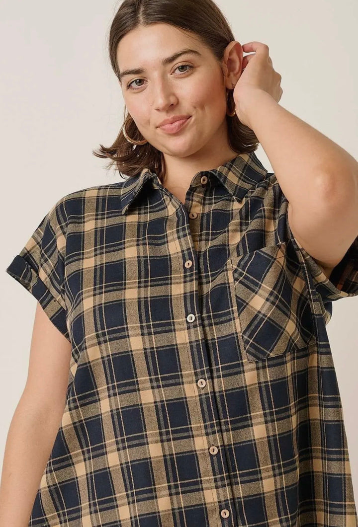 Plaid Cap Sleeve Collared
Button Down Shirt