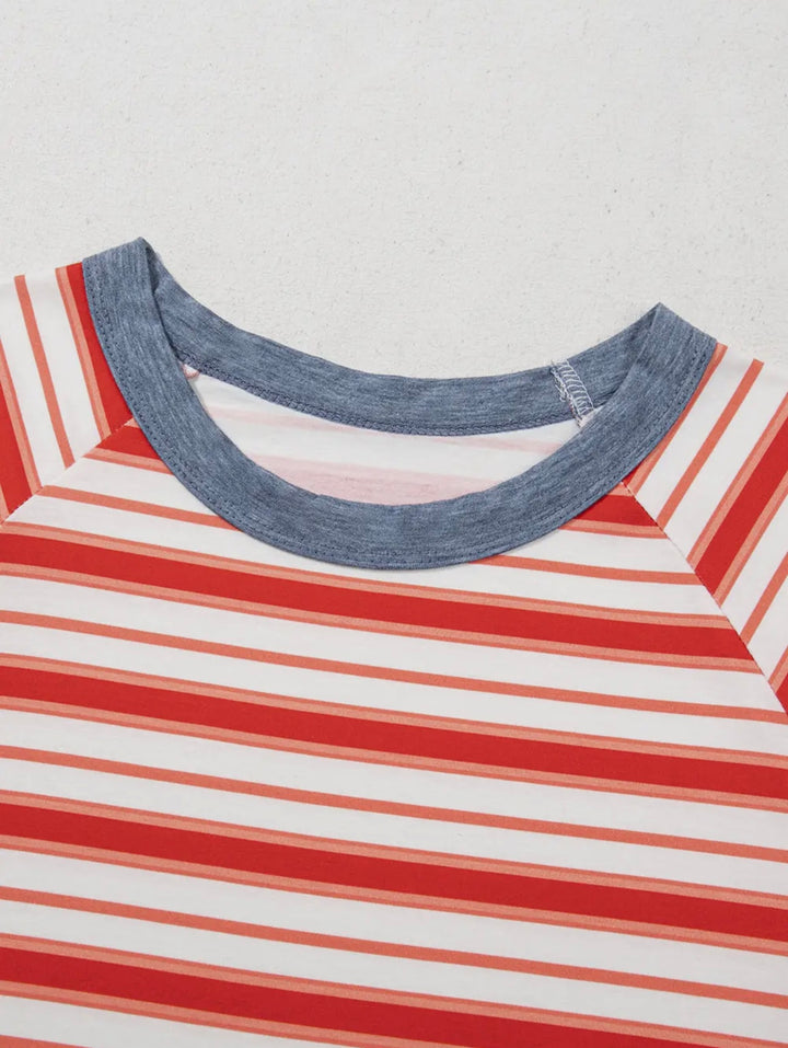 Tomato Red Stripe Print Contrast Collar Raglan Sleeve T Shirt