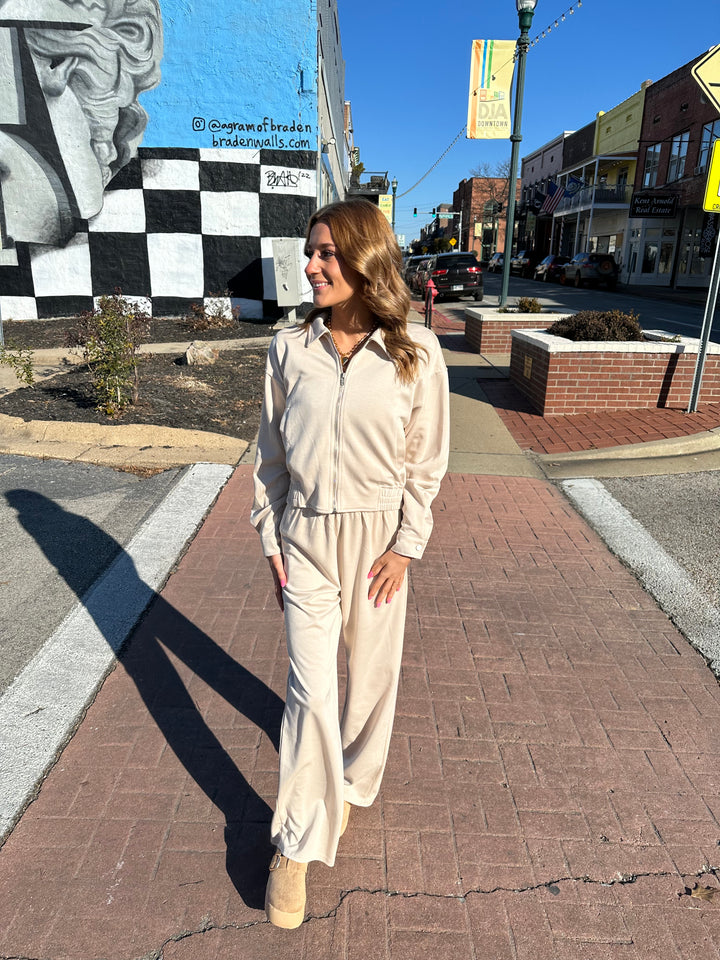 Front Zipper Boxy Jacket With Sweatpants Set