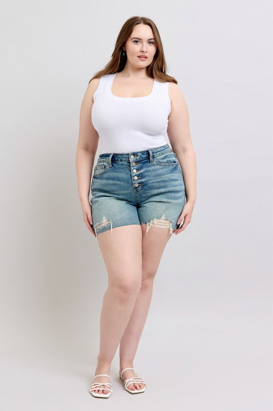 Plus Judy Blue Vintage Wash Button Fly & Destroy Shorts