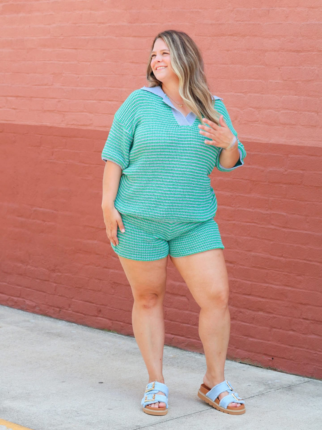 Stripe Knitted Polo Collar Top And Shorts Set
