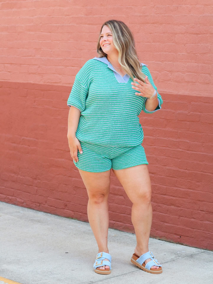 Stripe Knitted Polo Collar Top And Shorts Set