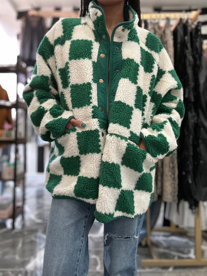 Checked Snap Button Sherpa Jacket