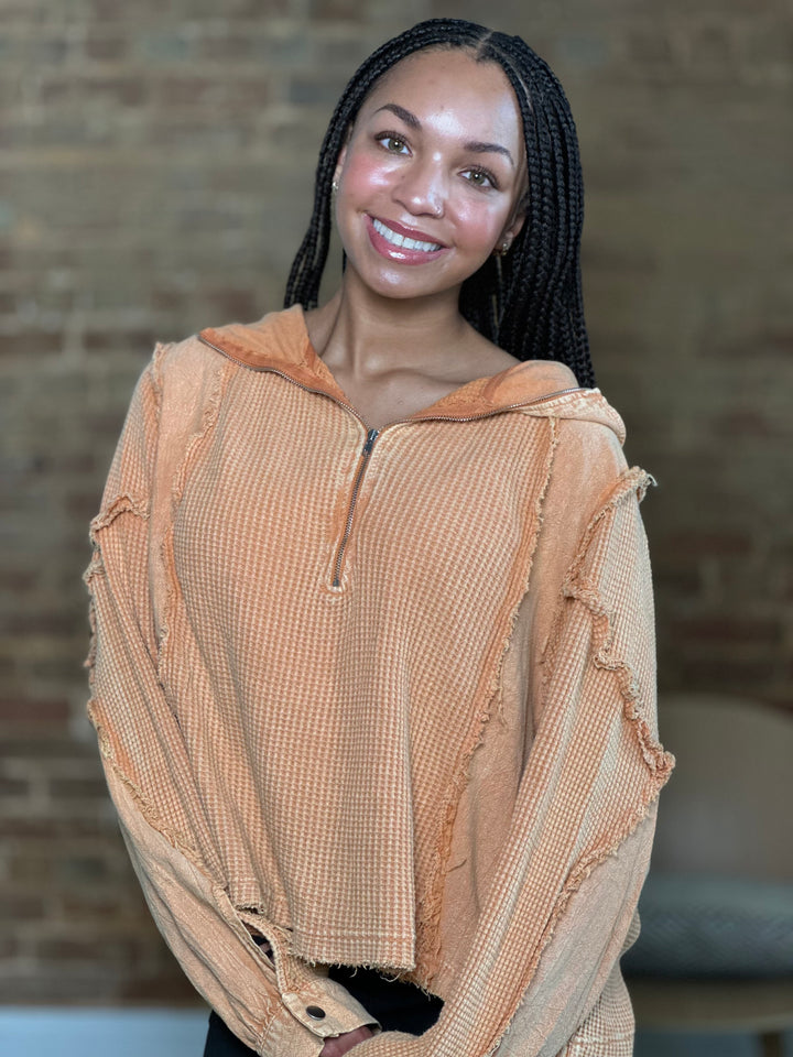 Mineral Washed Thermal Waffle Mixed Fabric Top