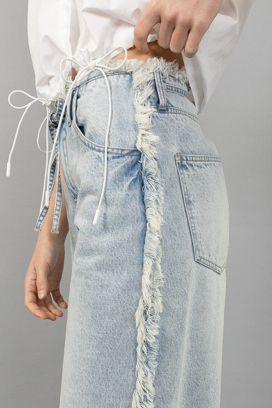 Frayed Waist & Seam Detail Washed Denim Pants