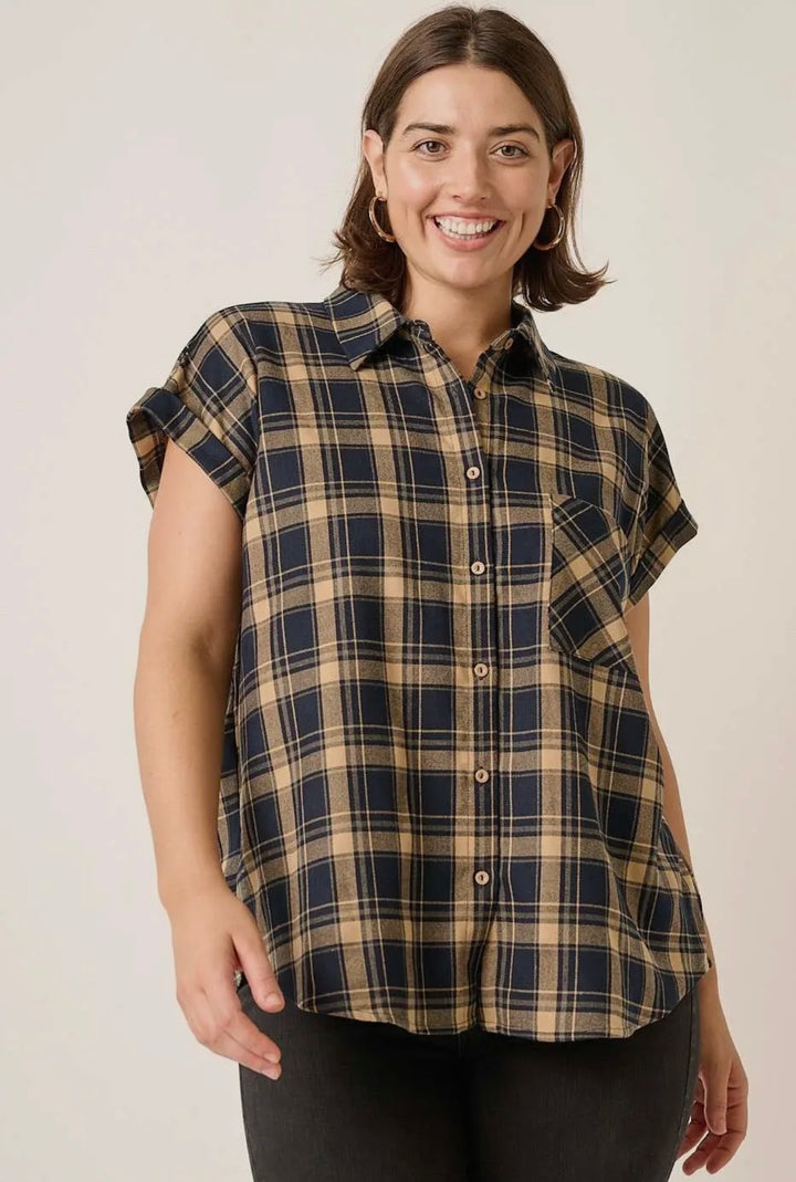Plaid Cap Sleeve Collared
Button Down Shirt