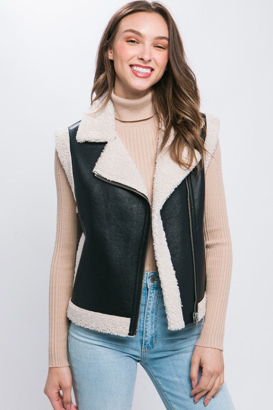 PU Faux Leather Sherpa Trim Vest