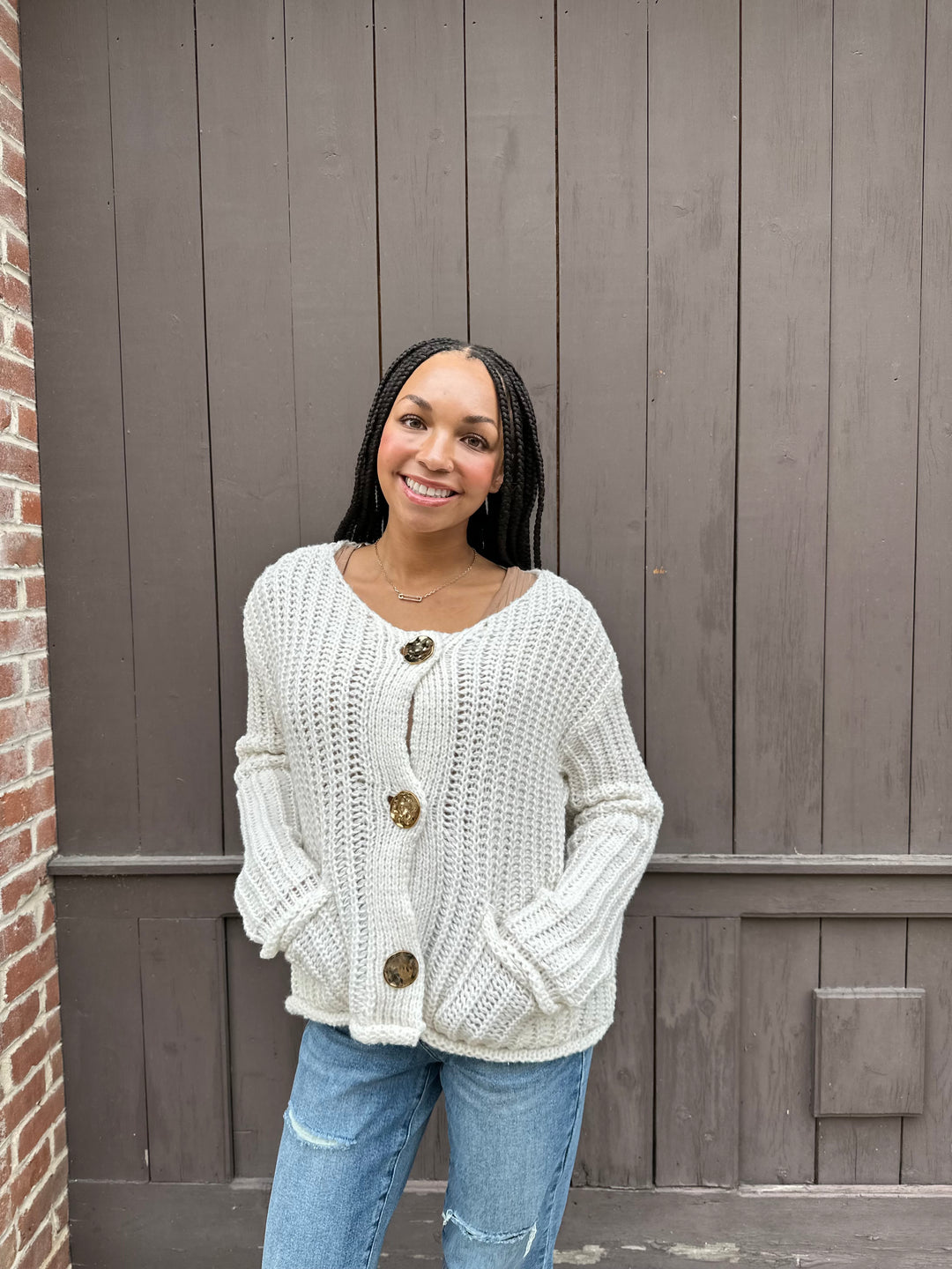 Solid Color Single Row Round Button Knit Cardigan