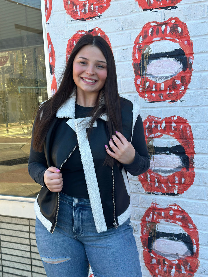 PU Faux Leather Sherpa Trim Vest