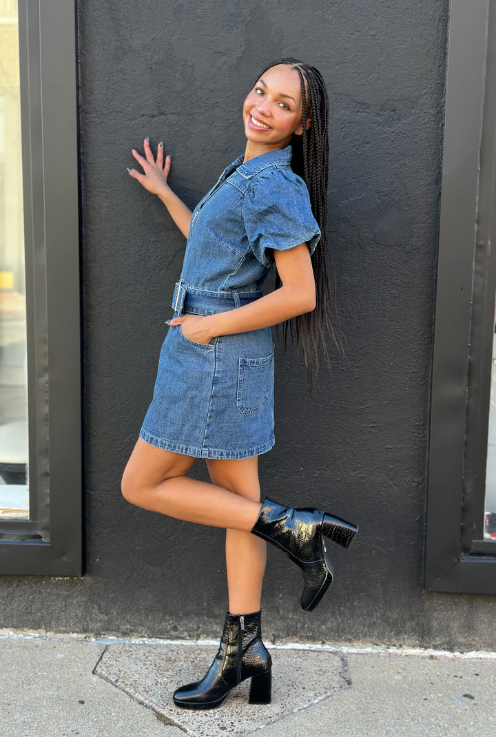 Puff Sleeve Denim Belted Mini Dress