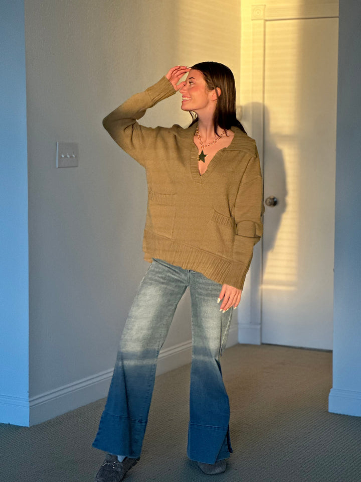 Flap Collar Sweater Pullover Top with Patch Pocket