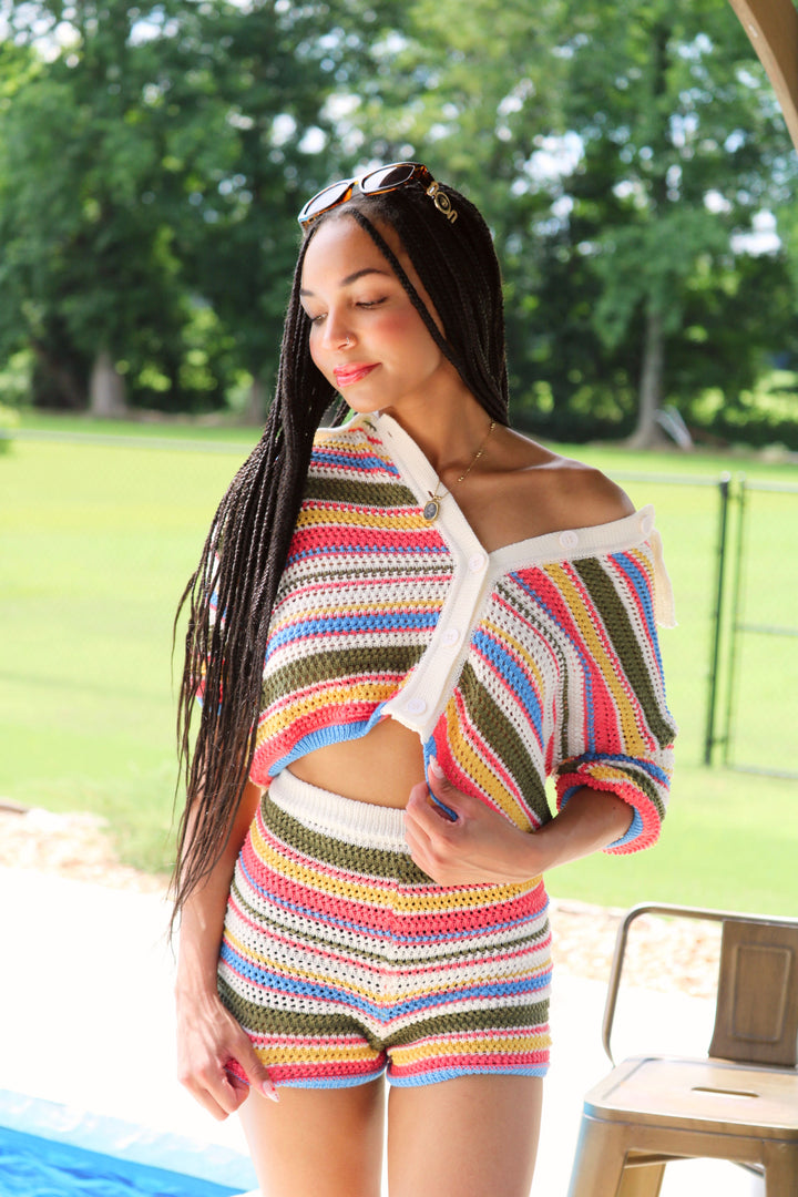 Striped Knit Crochet Knit Top And Short Set