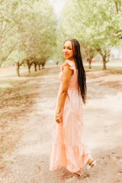Smocked Bodice High Waist Maxi Ruffle Dress