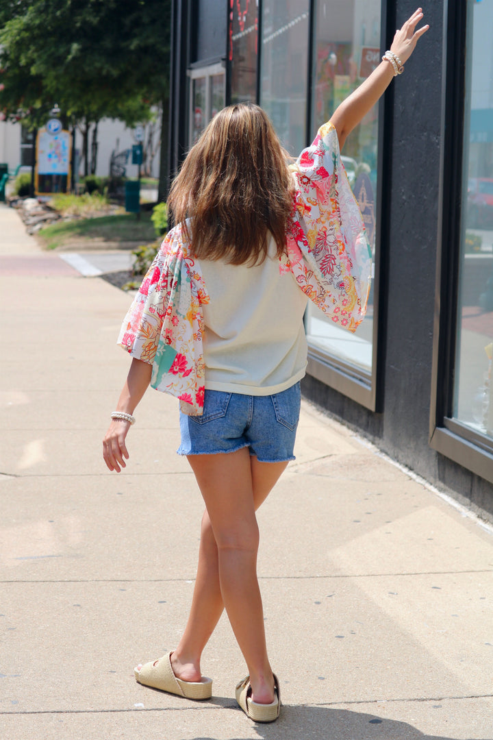 Beige Floral Patchwork Half Batwing Sleeve Tops