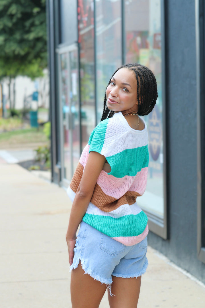 Colorblock Striped Knit Top Casual V Neck Short Sleeve Sweater