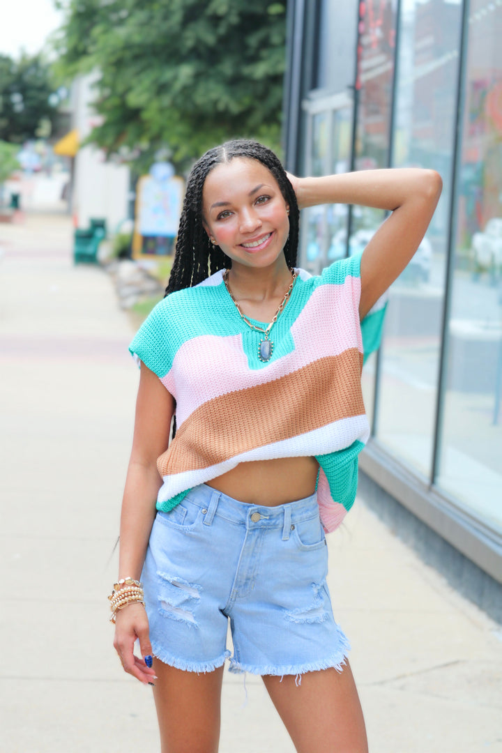 Colorblock Striped Knit Top Casual V Neck Short Sleeve Sweater