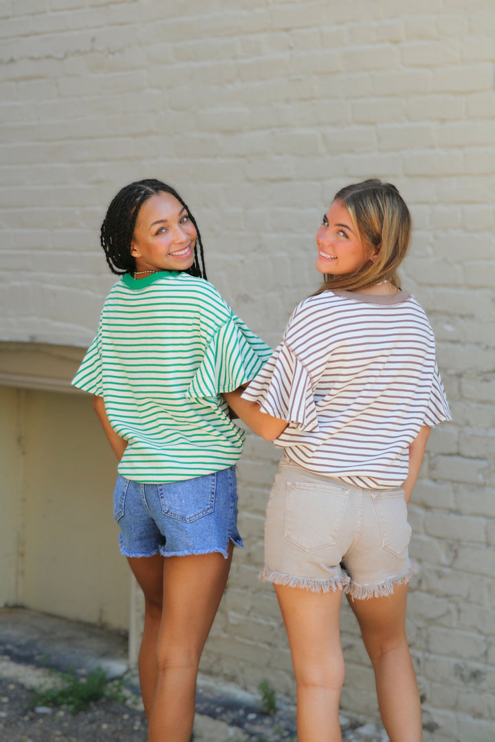 Bright Contrast Detail Striped Ruffle Short Sleeve Top