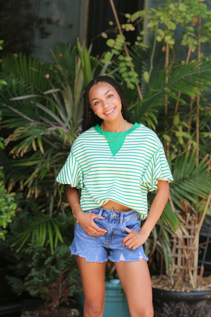 Bright Contrast Detail Striped Ruffle Short Sleeve Top