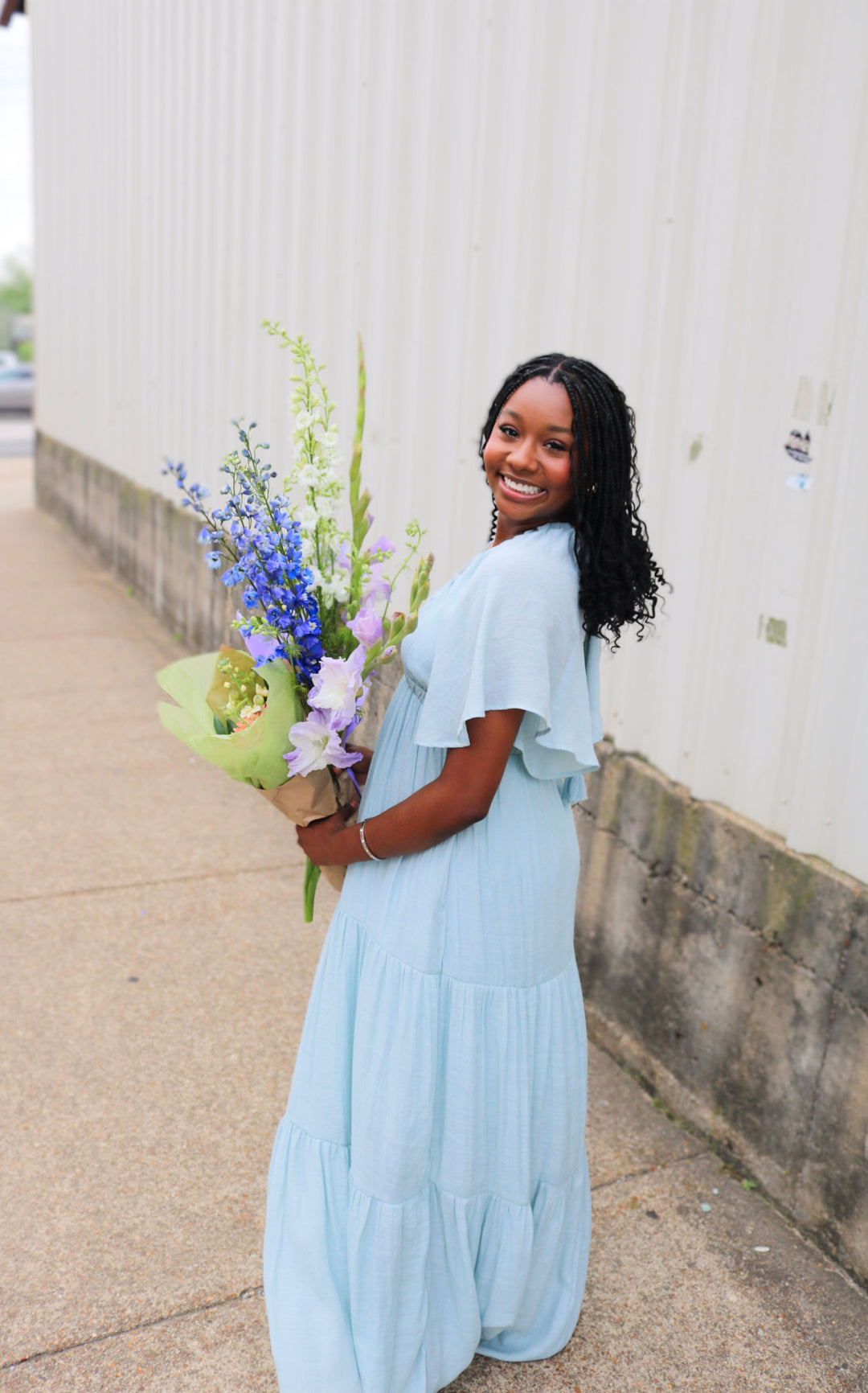 Dusty Blue V-Neck Flowy Sleeves Tiered Maxi Dress