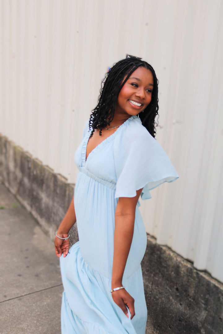 Dusty Blue V-Neck Flowy Sleeves Tiered Maxi Dress