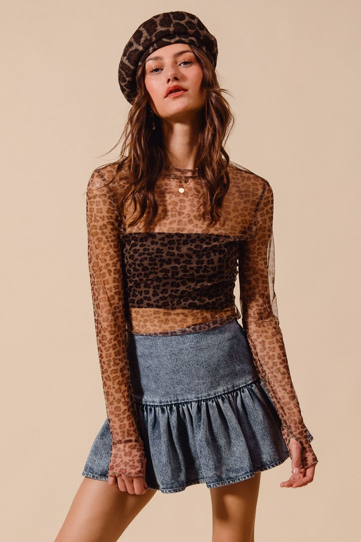 Leopard Mesh Mock Neck Top with Thumb Openings