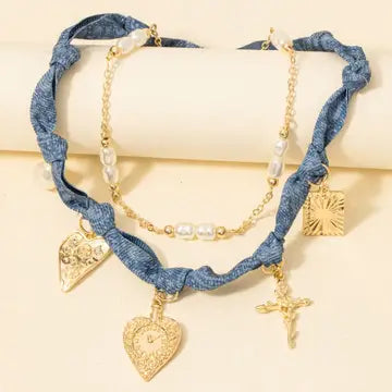 Paisley Denim And Assorted Charms Chain Layered Necklace