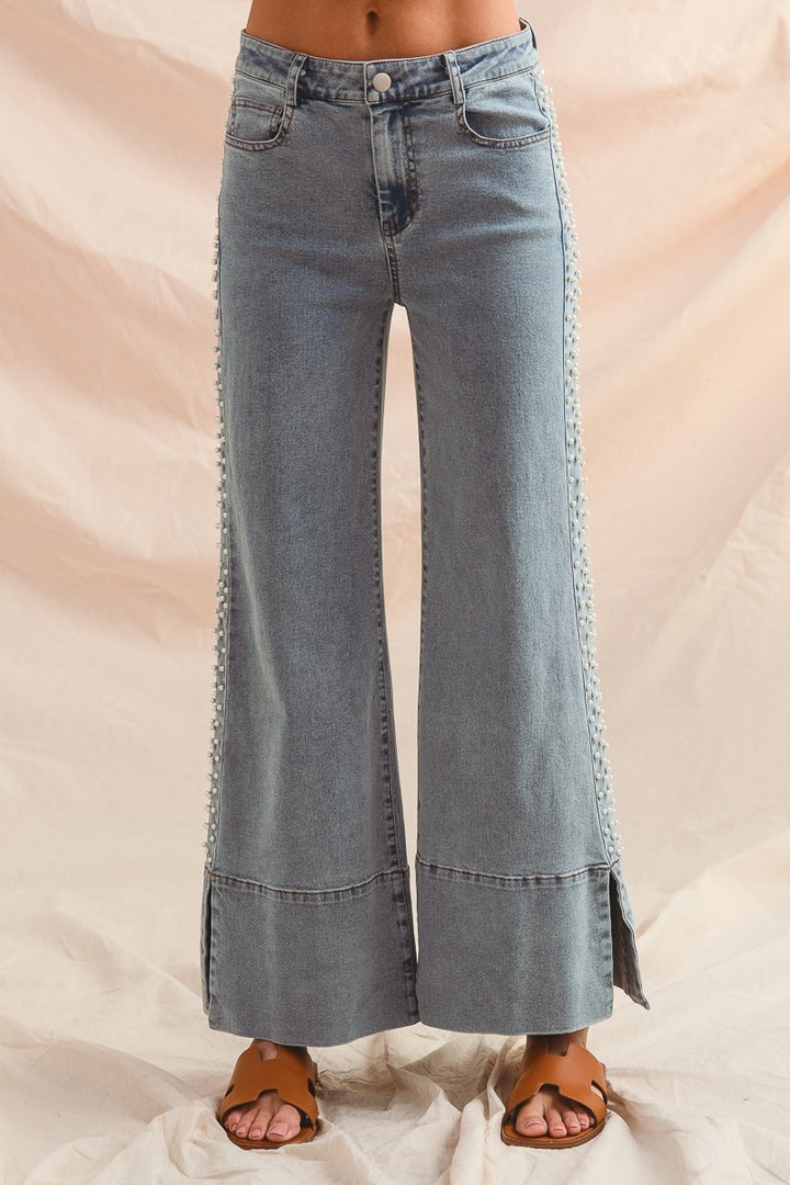 Mid Rise Flare Bottom Denim Jeans with Pearls